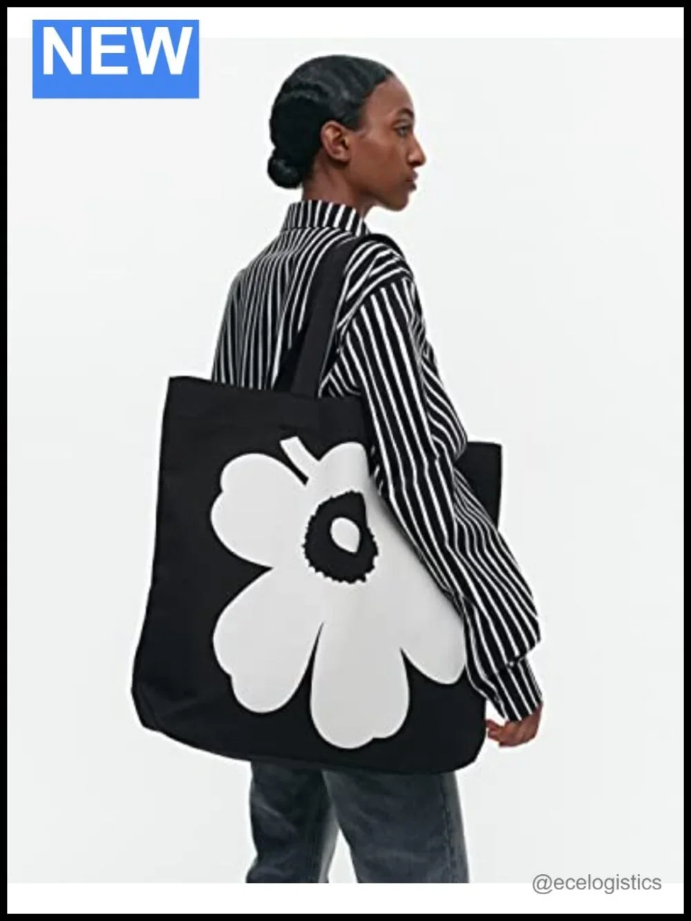 Marimekko Style Cotton Canvas Tote Bag Large Unikko Print